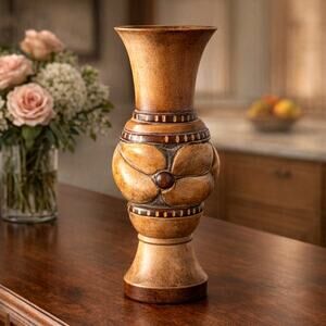Vintage Mimosa Wood Pedestal Vase Floral Carved Studio Art 8x4 Home Decor